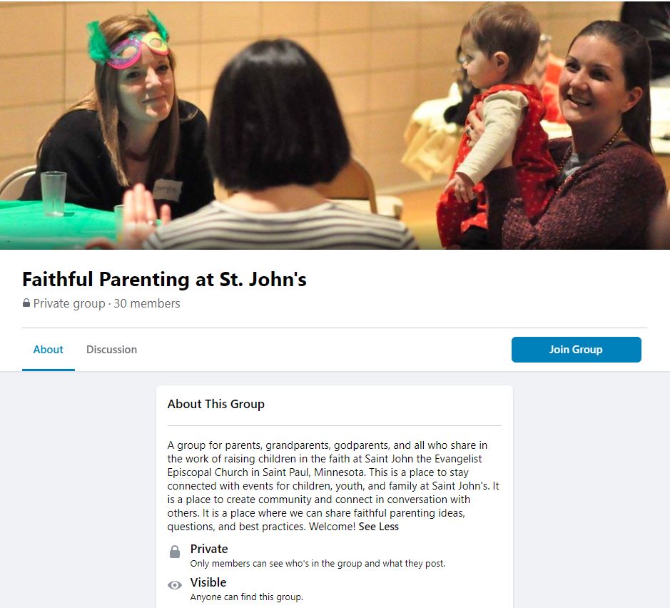A screenshot of the Faithful Parenting at St. John's group