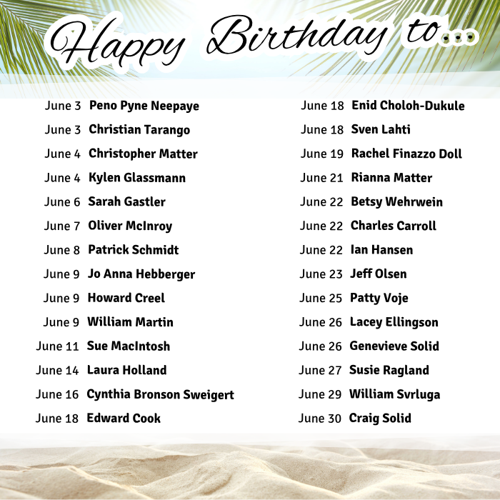 June 3 Peno Pyne Neepaye
June 3 Christian Tarango
June 4 Christopher Matter
June 4 Kylen Glassmann
June 6 Sarah Gastler
June 7 Oliver McInroy
June 8 Patrick Schmidt
June 9 Jo Anna Hebberger
June 9 Howard Creel
June 9 William Martin
June 11 Susan MacIntosh
June 14 Laura Holland
June 16 Cynthia Bronson Sweigert
June 18 Edward Cook
June 18 Enid Choloh-Dukule
June 18 Sven Lahti
June 19 Rachel Finazzo Doll
June 21 Rianna Matter
June 22 Betsy Wehrwein
June 22 Charles Carroll
June 22 Ian Hansen
June 23 Jeff Olsen
June 25 Patty Voje
June 26 Lacey Ellingson
June 26 Genevieve Solid
June 27 Susie Ragland
June 29 William Svrluga
June 30 Craig Solid