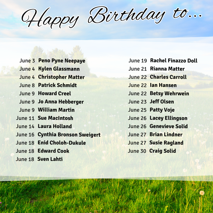 June 3 Peno Pyne Neepaye
June 4 Kylen Glassmann
June 4 Christopher Matter
June 8 Patrick Schmidt
June 9 Howard Creel
June 9 Jo Anna Hebberger
June 9 William Martin
June 11 Sue MacIntosh
June 14 Laura Holland
June 16 Cynthia Bronson Sweigert
June 18 Enid Choloh-Dukule
June 18 Edward Cook
June 18 Sven Lahti
June 19 Rachel Finazzo Doll
June 21 Rianna Matter
June 22 Charles Carroll
June 22 Ian Hansen
June 22 Betsy Wehrwein
June 23 Jeff Olsen
June 25 Patty Voje
June 26 Lacey Ellingson
June 26 Genevieve Solid
June 27 Brian Lindner
June 27 Susie Ragland
June 30 Craig Solid