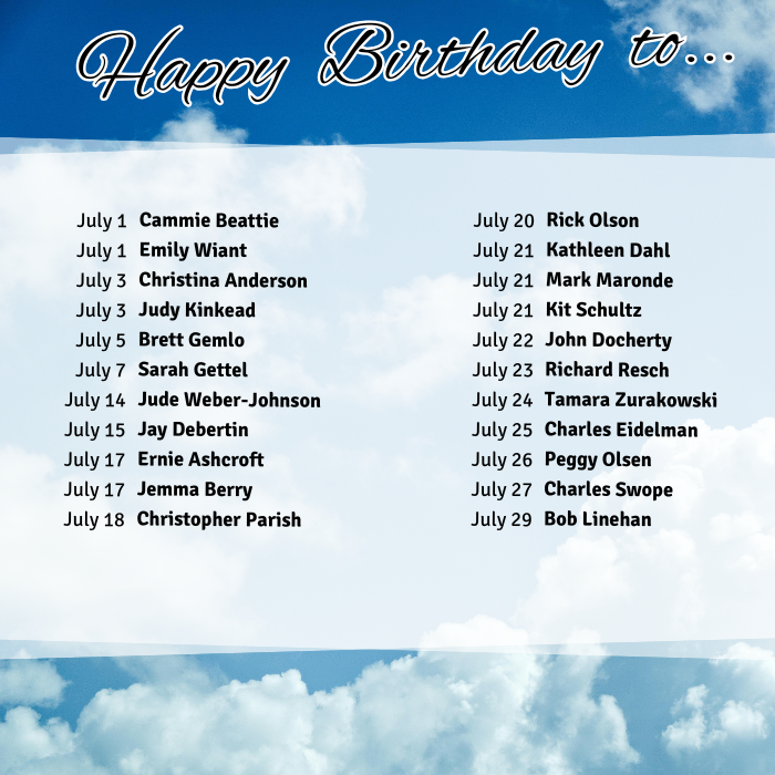 July 1 Cammie Beattie
July 1 Emily Wiant
July 3 Christina Anderson
July 3 Judy Kinkead
July 5 Brett Gemlo
July 7 Sarah Gettel
July 14 Jude Weber-Johnson
July 15 Jay Debertin
July 17 Ernie Ashcroft
July 17 Jemma Berry
July 18 Christopher Parish
July 20 Rick Olson
July 21 Kathleen Dahl
July 21 Mark Maronde
July 21 Kit Schultz
July 22 John Docherty
July 23 Richard Resch
July 24 Tamara Zurakowski
July 25 Charles Eidelman
July 26 Peggy Olsen
July 27 Charles Swope
July 29 Bob Linehan