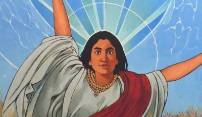 A portion of a painting showing Miriam, a dark-haired woman with flowing robes, raising her arms